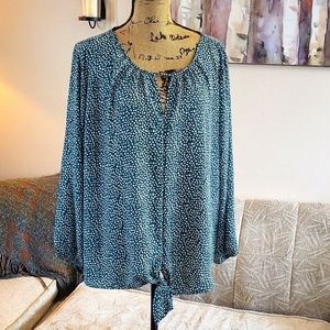 West Kei Green Spotted Tie Front Blouse
